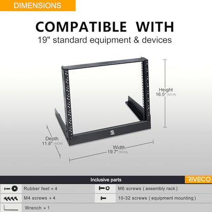 RIVECO 8u Tabletop Rack for Audio & Network, Desktop Rack Shelf Tappered Holes Open Frame Sound Recording Shelf & 10-32 Rack Screws 100PCS
