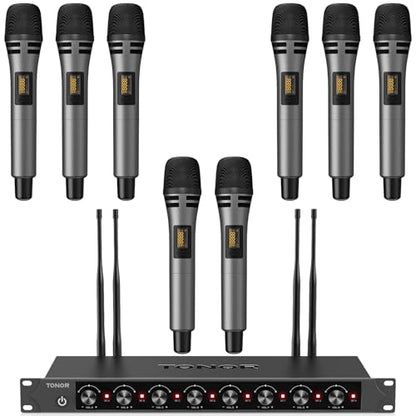 TONOR Wireless Microphones System with 8x12 Channels Cordless Handheld Microfono Inalambrico, 90 m/295FT UHF Range, Mics with Stable Signal, Quick Mute for Karaoke Singing Party Church Wedding - style: 8 Handheld Mics
