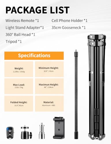 Flexible Tripod for iPhone, 88" Tall Cellphone Tripod with Gooseneck, Phone Holder and Wireless Remote, Camera Phone Stand for Recording Filming, Compatible with iPhone/Android - size: 88 inch