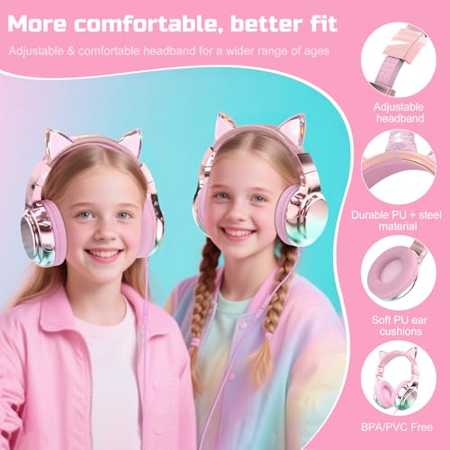 QearFun Kids Cat Ear Headphones with Cord with Mic, 85/94dB Volume Limit - color: Cat Pink