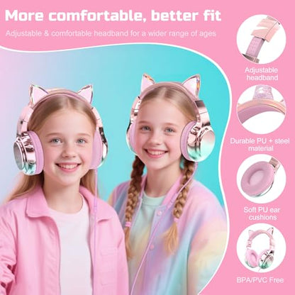 QearFun Kids Cat Ear Headphones with Cord with Mic, 85/94dB Volume Limit - color: Cat Pink