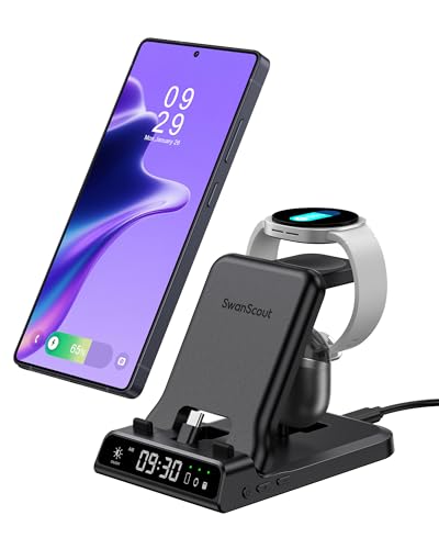 25W USB C Fast 3-in-1 Foldable Charging Dock for Samsung Phone Watch & Buds | 25W Fast Charging, for Galaxy S26/S25/Z Flip 8/Fold 8/A57/A36, for Galaxy Watch Ultra/8-5, USB C Buds, SwanScout 701S,