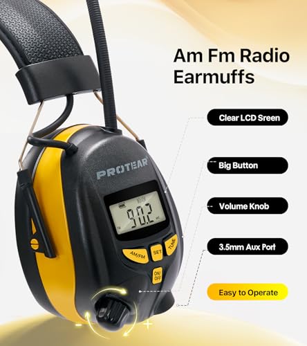 Digital AM FM Radio Headphones, Hearing Protection Earmuff for Adult, 30dB SNR for Mowing, Construction, Chainsaw - color: Yellow