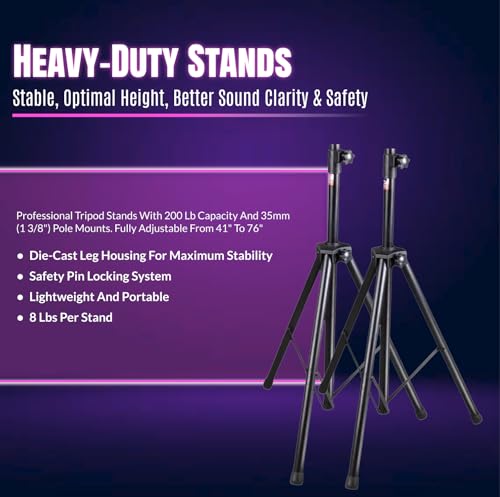 Pa System with Wireless Microphone and Speakers 12", 2000W | Built-in Amplifier w/6 Channel Audio Mixer System, Wireless UHF Microphone, 1000W Passive Speaker, Dual Tripod Stands - size: 12 inch