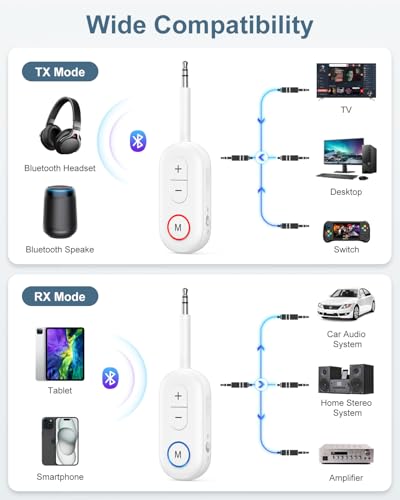 Upgraded Bluetooth 5.3 Audio Adapter, 2 in 1 Bluetooth Transmitter Receiver, Wireless Headphones, Low Latency, Hands-Free, Audio Adapter for Airplane/Travel/Car/Home Stereo - color: White