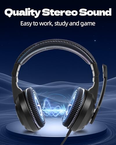 L02 Wired Headset, 3.5mm Stereo Headphones with Noise Canceling Microphone & Volume Controls, On-Ear Computer Headset for School/Office/Online/Gaming (Black)