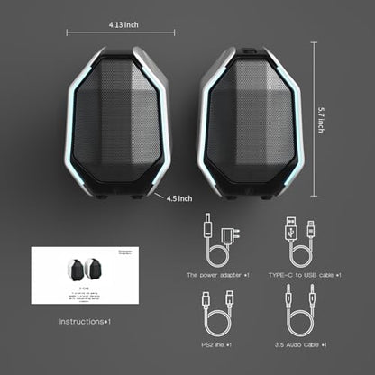 Computer Speakers for Desktop PC, Gaming PC Speakers for Desktop – USB-C, Bluetooth 5.3, 3.5mm AUX, AC Powered External Audio with Rich Stereo bass, Laptop/Mac, RGB Lights, White, 30W - color: White