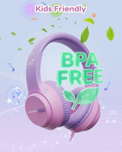 awatrue Kids Headphones for School, 74‑85‑94dB, 3.5mm Jack, HK07 | Foldable Wired Over Ear Headphones, for Toddler School/Travel/iPad/Tablet, Pink-Purple - color: Purple Pink