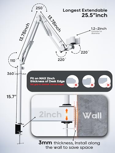 Premium White Overhead Mic Boom Arm, 15.7" Extra Tall Desk Mic Stand with 25.5" Reach, All-Aluminum Heavy Duty Microphone Arm, 1.8KG Load, 360° Adjustable for Streaming, Gaming, Podcast, YouTube - color: White (Overhead)
