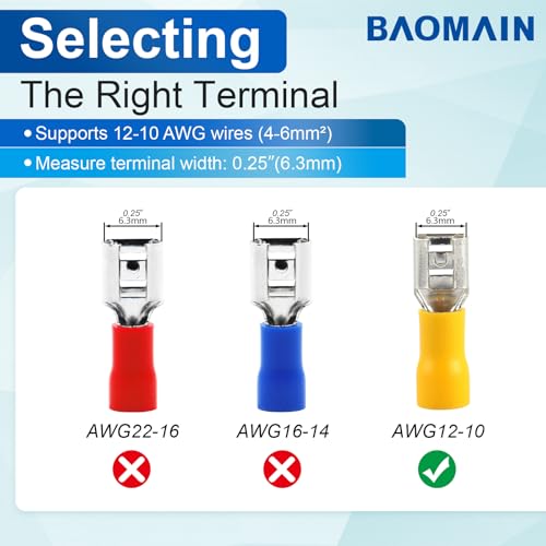 Baomain 1/4" Female Quick Disconnect Spade Terminals,Insulated Crimp Connectors 12-10 AWG 6.3mm (0.25 inch),Yellow, (100-Pack)