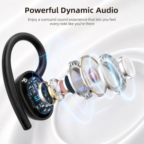 Wireless Earbuds Bluetooth 5.3, 42H Playtime, Over-Ear Sport Earbuds with Earhooks, Charging Case, Deep Bass, Built-in Mic, Waterproof Headphones for Running Gym, Black