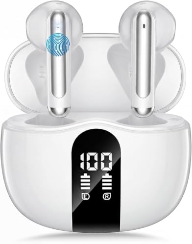 Wireless Earbuds, 2026 Bluetooth 5.4 Headphones Bass Stereo Ear Buds with Noise Cancelling Mic, LED Display in Ear Earphones 50H Playtime Ear Buds, IP7 Waterproof for Laptop Pad Phones Soft White - color: Soft White