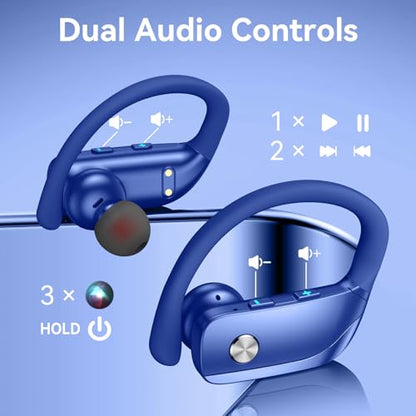 bmani Ear Buds Wireless Earbuds Bluetooth Headphones with 80H Playtime LED Display Case, Over-Ear Hook with Mic, Stereo Sound, Easy Button Controls, Sports Earphones for Running Workout Gym Blue - color: Blue, style: Standard