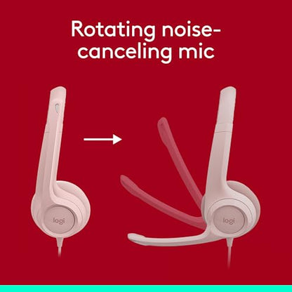 Logitech H390 Wired Headset PC/Laptop Stereo Headphones, USB-A, Rose | For PC/Laptop, Stereo, USB-A, In-Line Controls, Works with Chromebook - color: Rose, style: USB-A