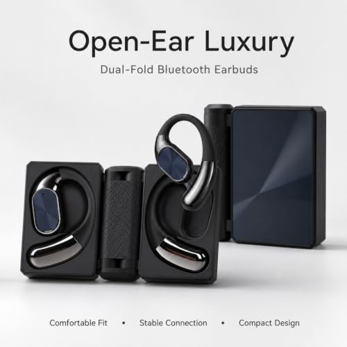 Dual Fold Earbuds Bluetooth 6.0, IPX5 Wireless Earphones for Running, Open Design Ergonomic Ear Hook Headphones with 14.2mm Air Conduction Driver, Noise Canceling (Black) - color: Black
