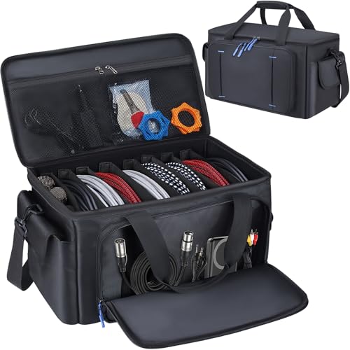 Large DJ Cable File Bag with Multi-Compartment & Pocket for Music Equipment | Large Capacity with 8 Detachable Dividers, Soft Thick Padded, Multi-pocket, Adjustable Shoulder Strap and Carry Handle
