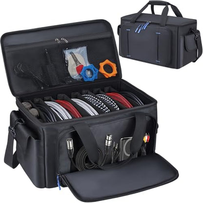 Large DJ Cable File Bag with Multi-Compartment & Pocket for Music Equipment | Large Capacity with 8 Detachable Dividers, Soft Thick Padded, Multi-pocket, Adjustable Shoulder Strap and Carry Handle