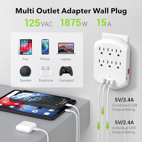 BN-LINK Outlet Extender, Multi Plug Outlets with 6 Outlets 3 USB Ports (3.4A Total), Dusk-to-Dawn Sensor Night Light, Outlet Splitter with Top Phone Holder, for Traveling, Home, School, Office - size: 6 Outlets - Night Light (USB)