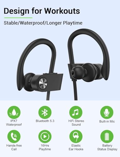 Bluetooth 5.3 Headphones, Wireless Sports In-Ear Earbuds IPX7 Waterproof | 16 Hours Playtime, Sweatproof Stereo Earphones with MIC, Noise Cancelling Headsets for Gym Running Workout, Clear Sound - color: Black