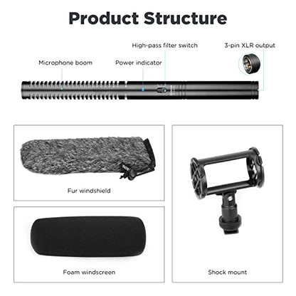 BOYA XLR Microphone BY-BM6060 Super-Cardioid Shotgun Condenser Microphone with 24 48V Phantom Power for Camera Film Interview ENG/EFP Outdoor Recording - size: BY-BM6060