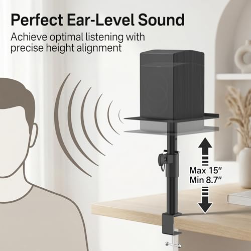 Clamp-On Desktop Speaker Stand Pair, Heavy-Duty 9.3" x 8.9 Plate for Edifier, KRK, Klipsch, Yamaha, Samsung HW-Q Series, Height&Angle Adjustable Bookshelf Speaker Stands, Built-in Cable Management