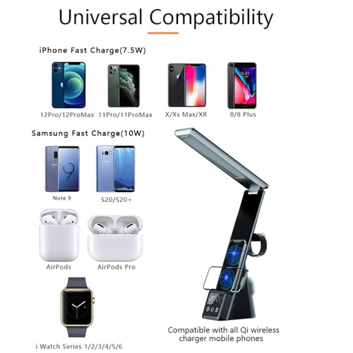 IHAO 6in1 Multifunctional Foldable LED Table Lamp with Wireless Charger Digital Alarm Clock Eye-Care Lighting 3 Color Modes 15W Qi Charger for Phone/Headphones, iWatch Charger Compatible-N61 White - color: Multi Funcitonal Desk Lamp N61 White