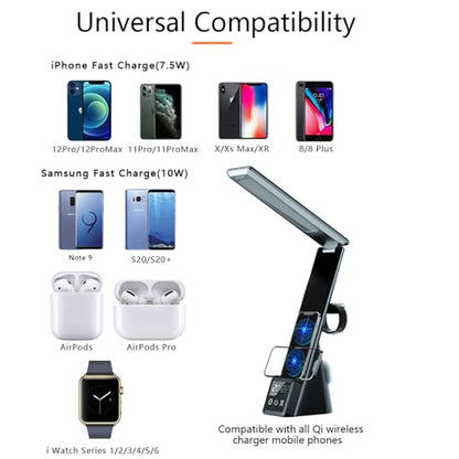 IHAO 6in1 Multifunctional Foldable LED Table Lamp with Wireless Charger Digital Alarm Clock Eye-Care Lighting 3 Color Modes 15W Qi Charger for Phone/Headphones, iWatch Charger Compatible-N61 White - color: Multi Funcitonal Desk Lamp N61 White