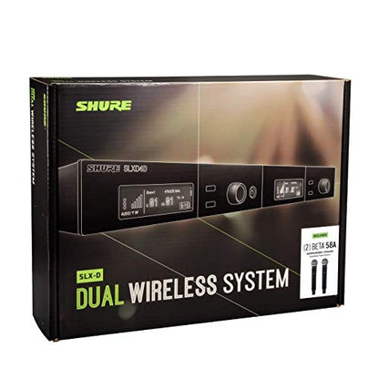 Shure SLXD24D/SM58 Dual Wireless Vocal System - G58 Band | Dual-channel system with two SLXD2 handhelds (SM58 capsules) and SLXD4D rack-mount receiver for live vocals - style: Dual Channel