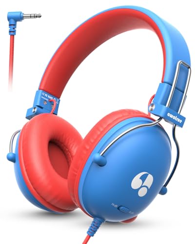 awatrue Kids Headphones, 74/85dB Volume Limiter, 3.5mm Jack Blue Red HK05 - color: Blue-Red