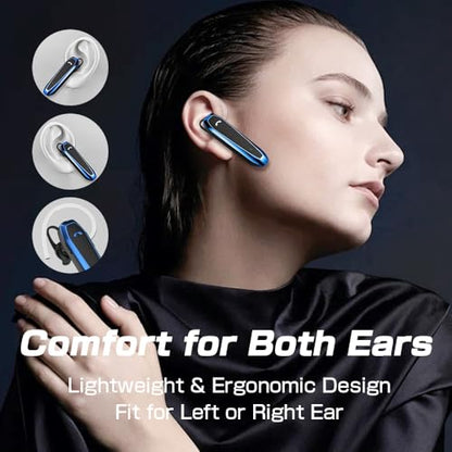 Bluetooth Headset, V5.3 Wireless Handsfree Earpiece with Noise Cancelling Mic, 33 Hours Talking Time, Single Ear Headset Compatible with iPhone Android Cell Phones for Driving Business（Blue）