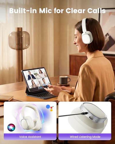 Active Noise Cancelling Headphones,78H Over Ear Headset | Bluetooth 6.0,Hi-Res,Low Latency,Foldable Bluetooth Headphones,Ideal for Travel,Workout,Office,Cellphone PC,Vanilla White - color: Vanilla White