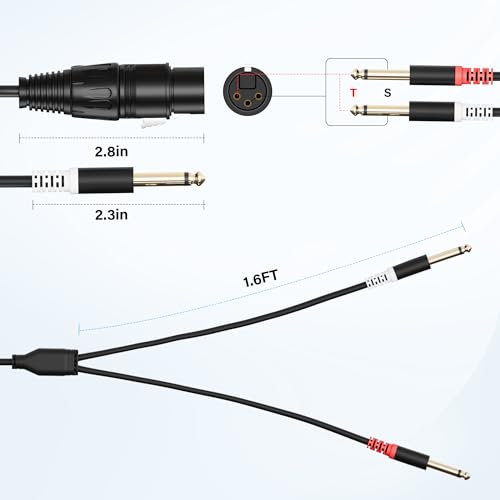 Elecan 3-Pin XLR Female to Dual 6.35mm 1/4'' TS Male Y Splitter Converter Cable 4 Ft, Double Mono to XLR Microphone Cable Stereo Audio Interconnect Adatper Cord for Mixer AMP Speaker+5 Ties - size: 4FT, style: Female XLR to 2TS