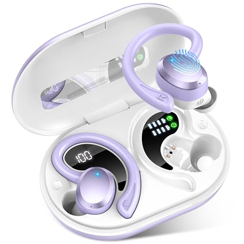 Wireless Earbuds Sport, 2025 Bluetooth 5.3 Headphones Bass Hi-Fi Stereo Over Ear Buds, 48Hrs Noise Cancelling Headset with Earhook, IP7 Waterproof Earphones Workout Running for Laptop Pad Android iOS - color: Purple