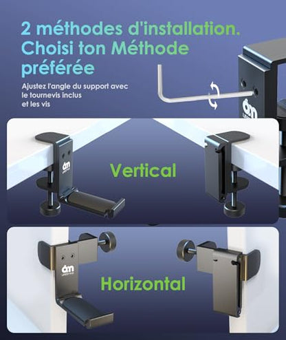 6amLifestyle Foldable All Aluminum Headphone Hook Holder for Desk, Under Desk Headphone Hanger Stand with Cable Organizer, Headset Holder Clamp for PC Gaming Headsets, Bag Hooks Accessories