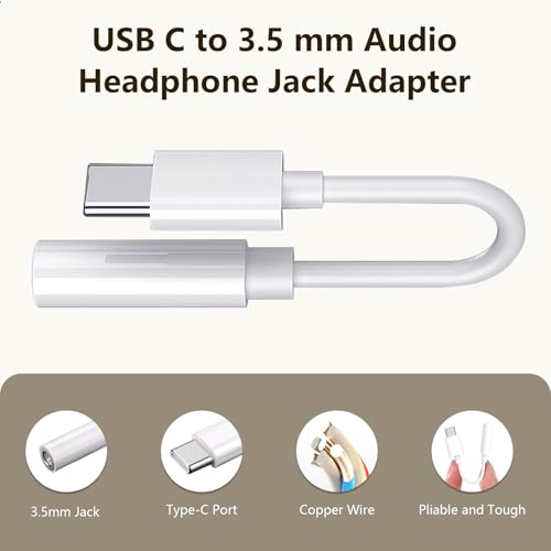 USB C to 3.5mm Headphone Jack Adapter Type C Audio Aux Cable Dongle Compatible with iPhone 16/15/15 Plus/15 Pro/15 Pro Max/iPad/Pixel, Samsung Galaxy S23 S22 S21 S20 Ultra Z Flip/Note (White, 6pcs)