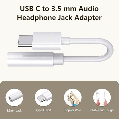 USB C to 3.5mm Headphone Jack Adapter Type C Audio Aux Cable Dongle Compatible with iPhone 16/15/15 Plus/15 Pro/15 Pro Max/iPad/Pixel, Samsung Galaxy S23 S22 S21 S20 Ultra Z Flip/Note (White, 6pcs)
