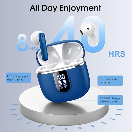 Wireless Earbuds, 2026 Bluetooth 5.4 Headphones in Ear buds, 40H HiFi Stereo Bluetooth Earbuds with 4 ENC Noise Cancelling Mics, IP7 Waterproof Ultralight Earphones with Dual LED Display USB C, Navy - color: Navy