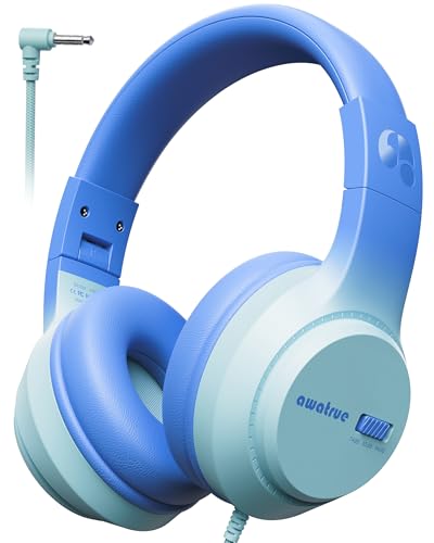 awatrue Kids Headphones for School, 74‑85‑94dB, 3.5mm Jack, HK07 | Foldable Wired Over Ear Headphones, for Toddler School/Travel/iPad/Tablet, Blue - color: Blue