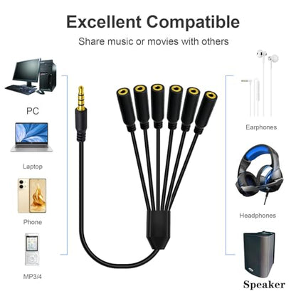 3.5mm Headphone Y Splitter Audio Cable (50cm) | 4Poles 1 to 6 Way 3.5mm (1/8") TRRS AUX Stereo Jack 1 Male to 6 Female Adapter Cord for Earphone,Headset,Laptop,Phone(6 Way) - style: 6 Way