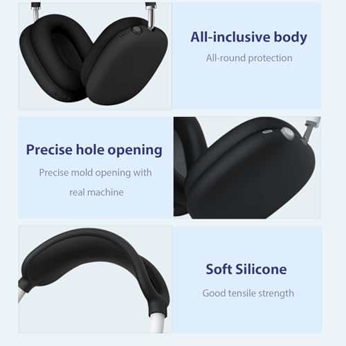 3 in 1 Silicone Cover and Case for Apple Airpods Max 2/ Airpods Max Headphones, AirPods Max Hard Case and Anti-Scratch Ear Pad Case/Ear Cups/Headband Covers Accessories (Black) - color: Black case & cover
