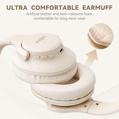 KVIDIO Bluetooth Headphones Over Ear, 65 Hours Wireless Headphones with Mic, Low Latency Foldable Lightweight Headset with Deep Bass, HiFi Stereo Sound Headphones for School Work Cellphone Sports - color: Beige