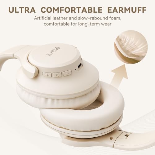 KVIDIO Bluetooth Headphones Wireless Over Ear Headsets 65H Playtime | Deep Bass, HiFi Stereo, Bluetooth 6.0, Microphone, Comfortable Fit, Foldable, Lightweight, Low Latency for Travel Home Office - color: Beige