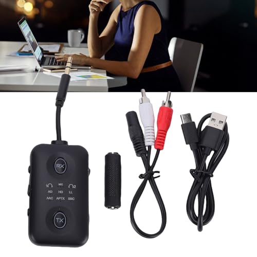 Jiawu Bluetooth Transmitter Receiver, Bluetooth 5.4 Ultra Low Latency Wireless Audio Adapter, Rotatable Audio Jack with Builtin 300mAh Battery USB Type C Charging 12m Range for