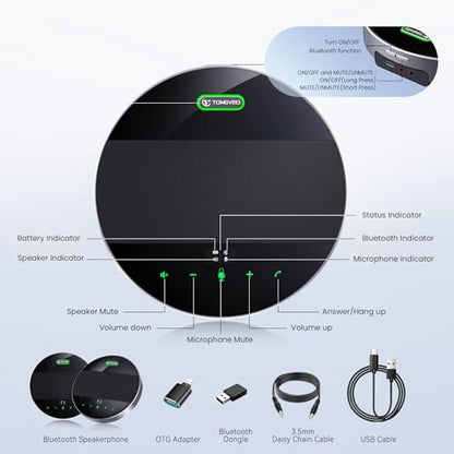 TONGVEO 2-in-1 Conference Speaker and Microphone, Daisy Chain Wireless Bluetooth Speakerphone with 360° omnidirectional mics USB/Dongle/Bluetooth Connection 18H Talk Time for 15-30 People Meeting - color: Black