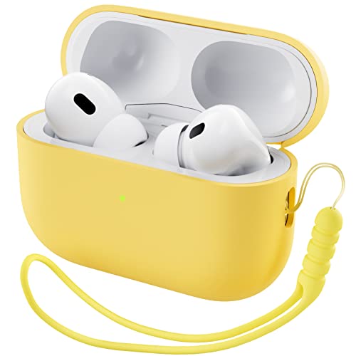 ORNARTO for AirPods Pro 2 Case, Hybrid Silicone, Yellow | Hybrid Silicone Rubber, Front LED Visible, Wireless Charging, Skin-Friendly Soft Touch, Anti-Scratch, Detachable Lanyard - color: Yellow