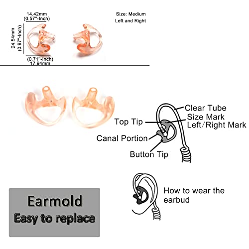 HYS Soft Silicone Ear Buds Earmolds Replacement Acoustic Tube Ear tip | 3 pairs of medium, medical-grade silicone earmolds. Hypoallergenic, secure fit for left or right acoustic tube earpieces.