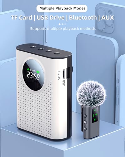 S67 Voice Amplifier Wireless Microphone for Teachers Classroom Rechargeable, Mini Lavalier Lapel Mic, Portable Speaker PA System with LED Display for Class, Tour Guide, Coaches, White - color: White 1 Mic