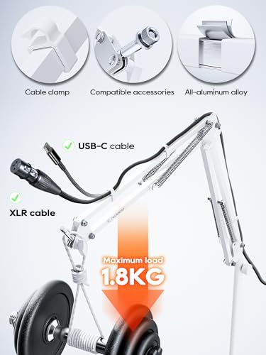 Premium White Overhead Mic Boom Arm, 15.7" Extra Tall Desk Mic Stand with 25.5" Reach, All-Aluminum Heavy Duty Microphone Arm, 1.8KG Load, 360° Adjustable for Streaming, Gaming, Podcast, YouTube - color: White (Overhead)