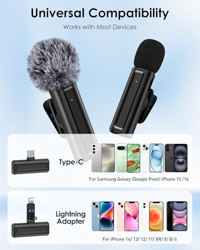 Wireless Mini Microphone for iPhone, iPad, Android Phone, 2 Pack Lavalier Mic with 360° Rotatable Clip, Plug and Play Noise Reduction USB-C Lapel Mic for Video Recording YouTube Content Creators