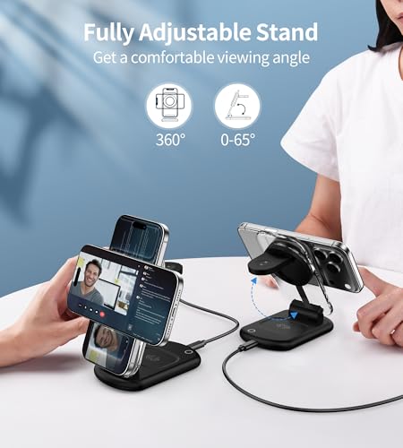 3 in 1 Magnetic Wireless Charging Station for Apple Devices | Fast Foldable Travel Charger Stand with Night Light for Mag-enabled iPhone 17 16 15 14 13 12 Series, Apple Watch/AirPods Pro - color: Upgraded Black